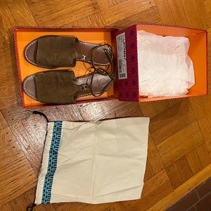 Tory Burch designer tan suede sandals with ankle strap